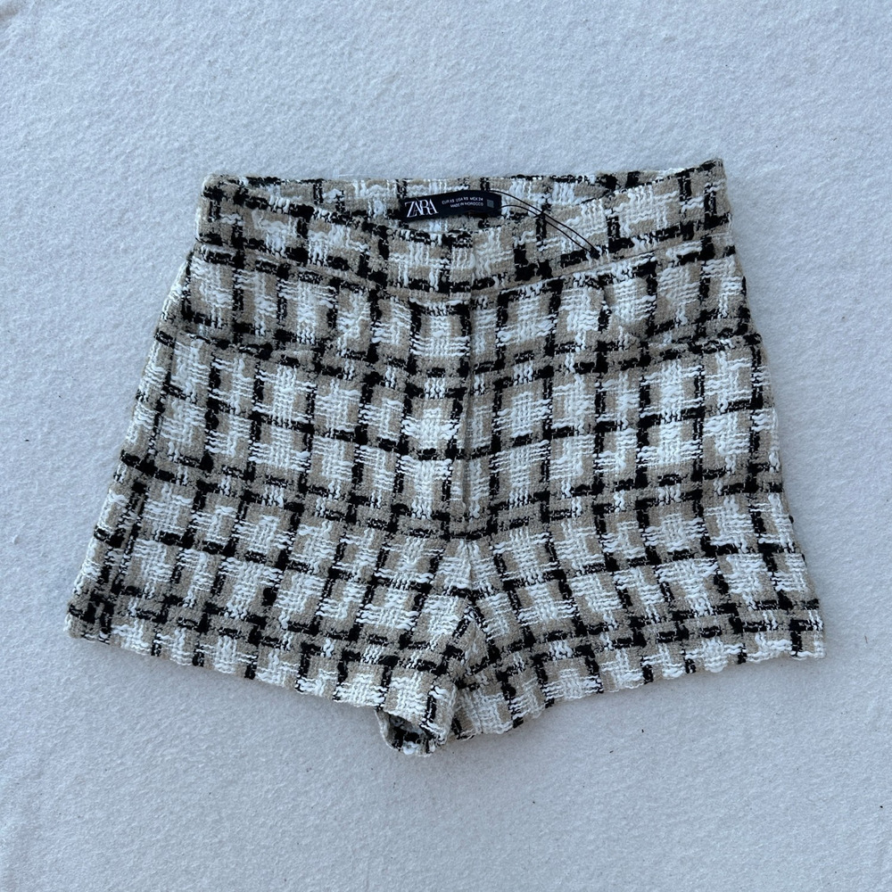 Zara Textured Weave Plaid Shorts Women's XS Taupe Brown New w/o Tags